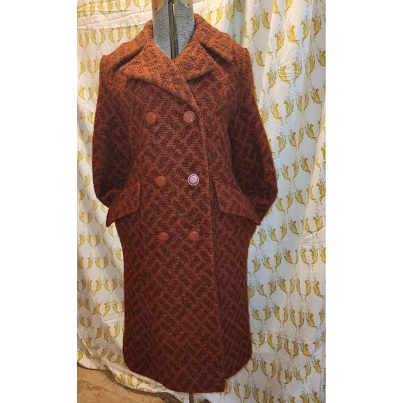 Vintage 60s 70s Rust Boucle Herringbone Double-Breasted Coat Jacket Mod Medium - Picture 5 of 16